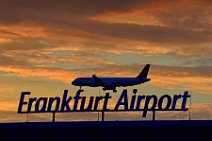 FRANKFURT AIRPORT SIGN AND LANDING AIRBUS A321 IN SUNSET LIGHT 1 FRANKFURT AIRPORT SIGN AND LANDING AIRBUS A321 IN SUNSET LIGHT 1