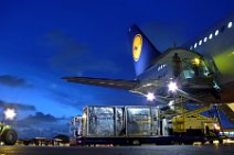 P1060158 Lufthansa Airbus A340-300 wird mit Containern beladen Flughafen Accra, Ghana