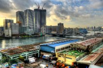 HDR - SUNRISE AT TSUKIJI FISHMARKET WITH TOKYO SKYLINE - JAPAN 10