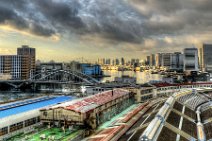 HDR - SUNRISE AT TSUKIJI FISHMARKET WITH TOKYO SKYLINE - JAPAN 2