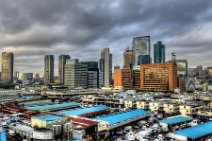 HDR - SUNRISE AT TSUKIJI FISHMARKET WITH TOKYO SKYLINE - JAPAN 3