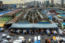 HDR - SUNRISE AT TSUKIJI FISHMARKET WITH TOKYO SKYLINE - JAPAN 4